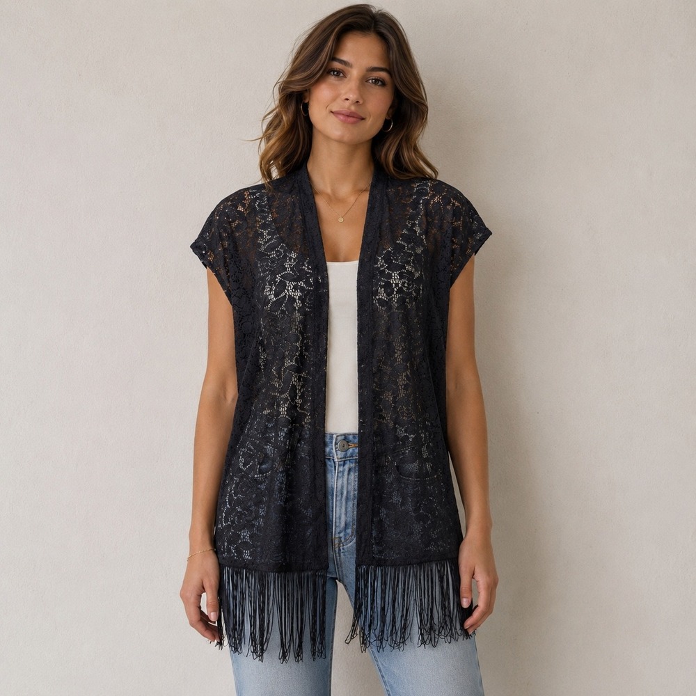 Black Floral Lace Kimono Cardigan with Fringe Hem Short Sleeve Open Front Boho
